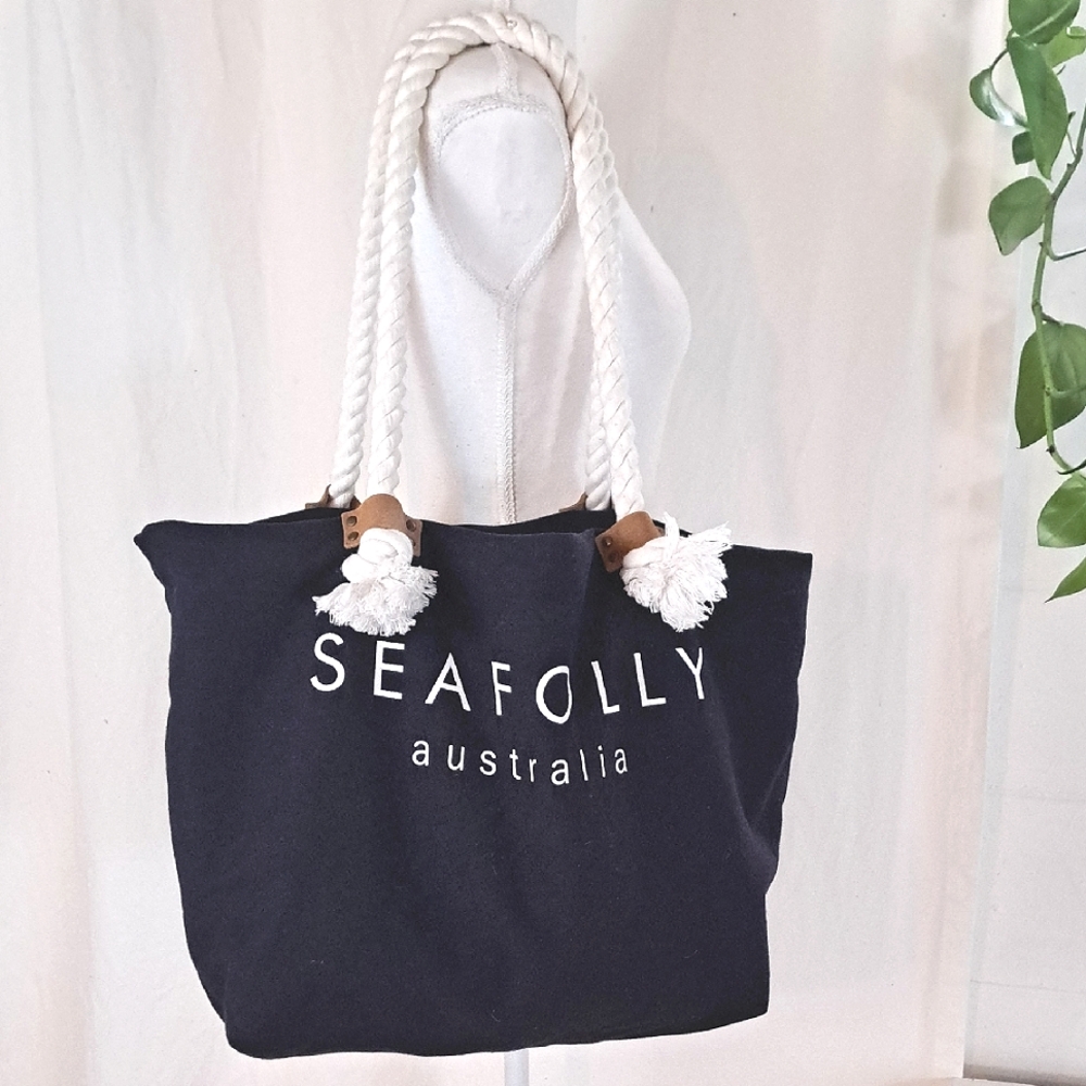 Seafolly Ship Sail Extra Large Canvas Tote Rope Handles Navy Blue